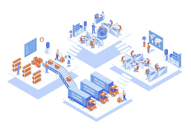 Delivery Company Concept 3 D Isometric Web Scene With Infographic People Work In Logistics Department Workers Loading Boxes In Warehouse For Shipping Vector Illustration In Isometry Graphic Design Illustration
