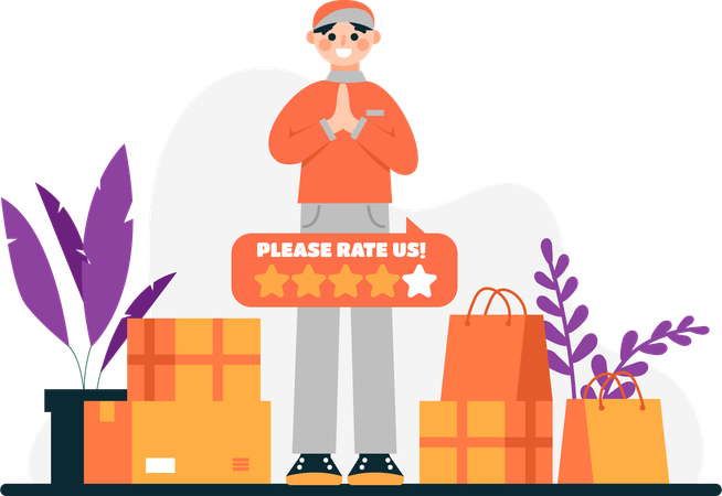 Delivery courier asks customer for review  Illustration