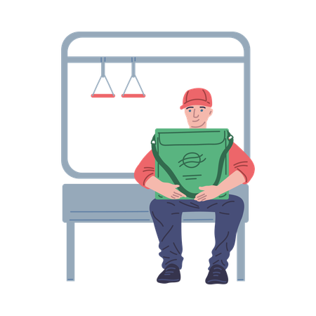 配達用の箱とバッグを持った配達員が公共交通機関に座っている  イラスト