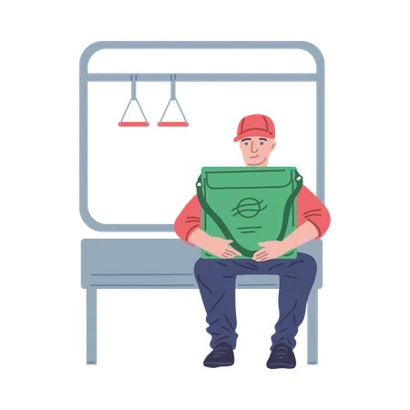 配達用の箱とバッグを持った配達員が公共交通機関に座っている  イラスト