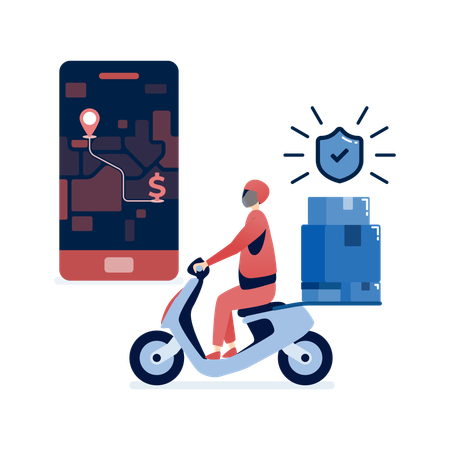 Delivery driver delivering online shopping orders with mobile apps and motorbikes for safe e-commerce transactions and fast shipping of packages  Illustration