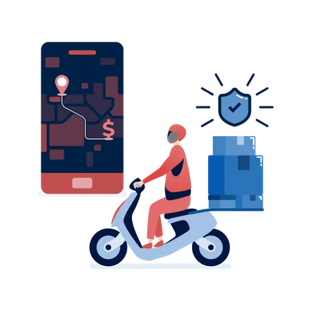 Delivery driver delivering online shopping orders with mobile apps and motorbikes for safe e-commerce transactions and fast shipping of packages  Illustration