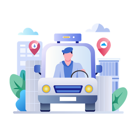 Delivery driver in car while driving towards location pin  Illustration