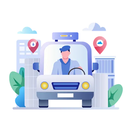 Delivery driver in car while driving towards location pin  Illustration