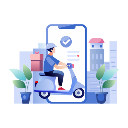 Delivery driver on scooter using smartphone delivery app  Illustration