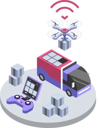 Delivery Drone Remote Control Isometric Color Vector Illustration UAV Delivering Parcel Courier Service Smart Technologies Package Shipment 3 D Concept Isolated On White Background Illustration