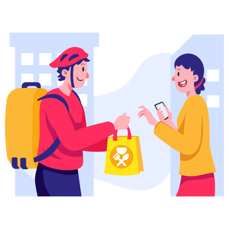 Delivery executive handling order to customer  Illustration