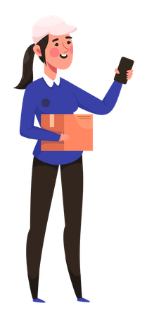 Delivery female holding parcel and mobile Illustration