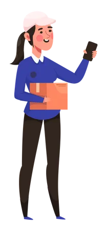 Delivery female holding parcel and mobile  Illustration
