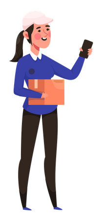 Delivery female holding parcel and mobile  Illustration