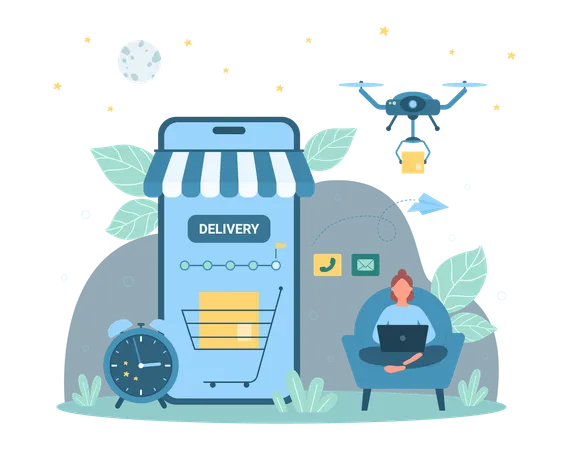 Cartoon Shopping Cart With Box In Online Store With Canopy On Phone Screen Time Line Delivery Dark Mobile App For Customer Drone Delivering Package To Tiny Consumer Delivery Vector Illustration 일러스트레이션