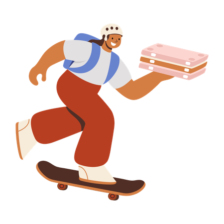 Delivery girl delivering pizza using skateboard  Illustration