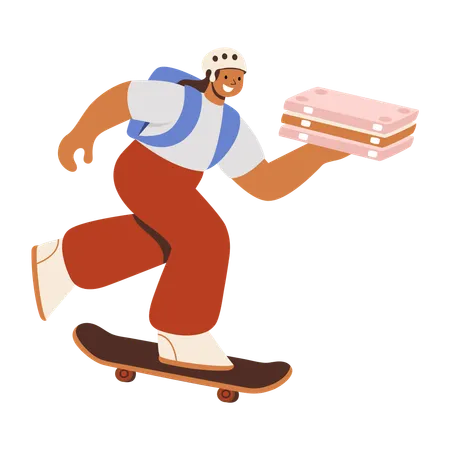 Delivery girl delivering pizza using skateboard  Illustration