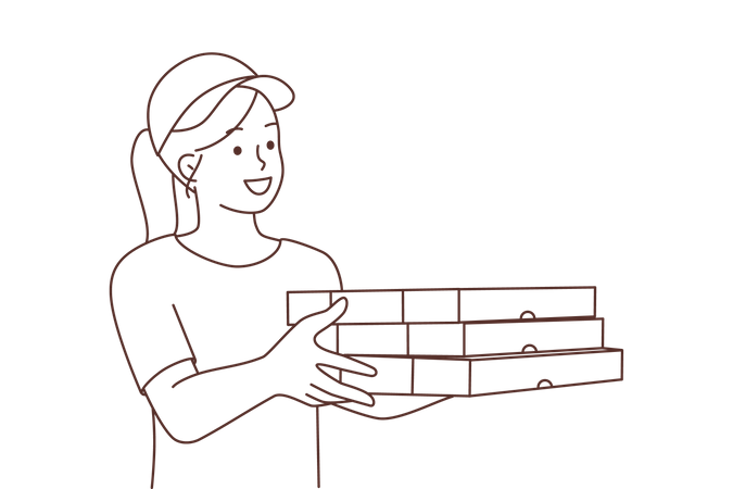 Delivery girl holding pizza boxes  イラスト