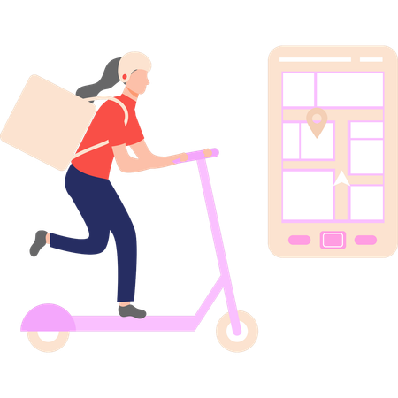 Delivery girl is delivering a parcel on a scooter  Illustration