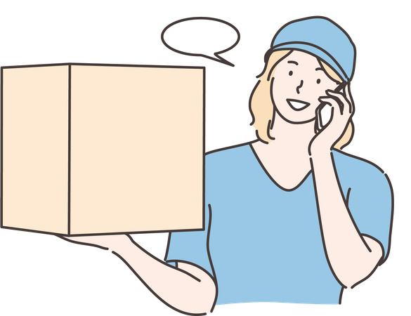 Delivery girl is doing delivery while talking on phone  Illustration