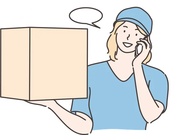 Delivery girl is doing delivery while talking on phone  Illustration