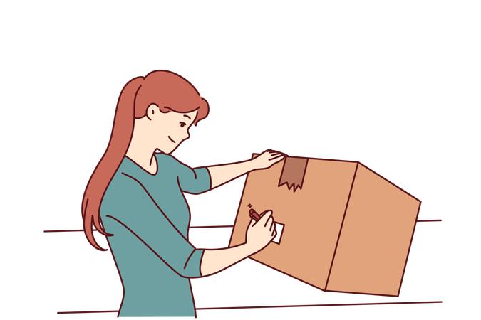Delivery girl is writing delivery address on box  Illustration