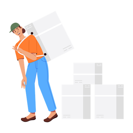 Delivery Girl lifting package on her back  Illustration