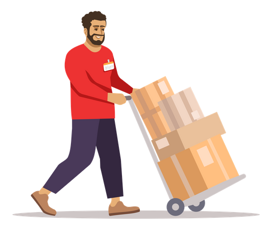 Delivery Guy Moving Parcel Using Trolley  Illustration