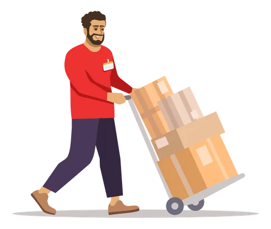 Delivery Guy Moving Parcel Using Trolley  Illustration