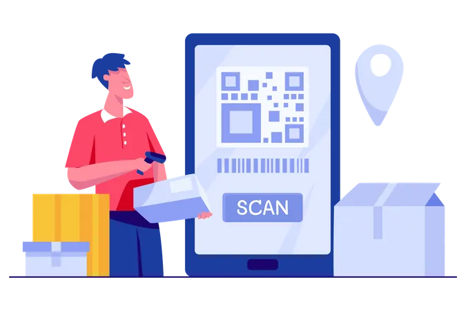 Delivery guy scanning barcode of delivery box  Illustration