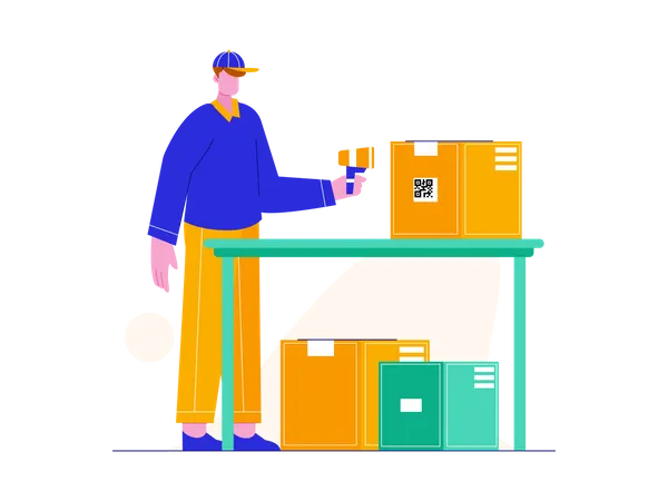 Delivery guy scanning barcode of delivery box  Illustration