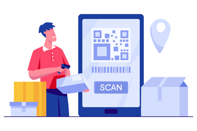 Delivery guy scanning barcode of delivery box  Illustration