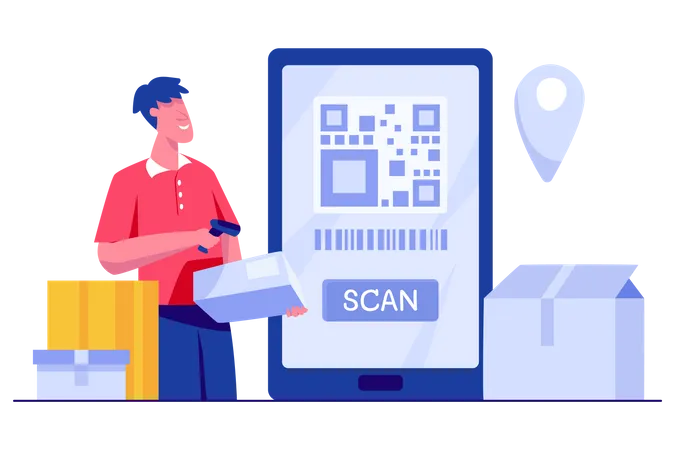Delivery guy scanning barcode of delivery box Illustration
