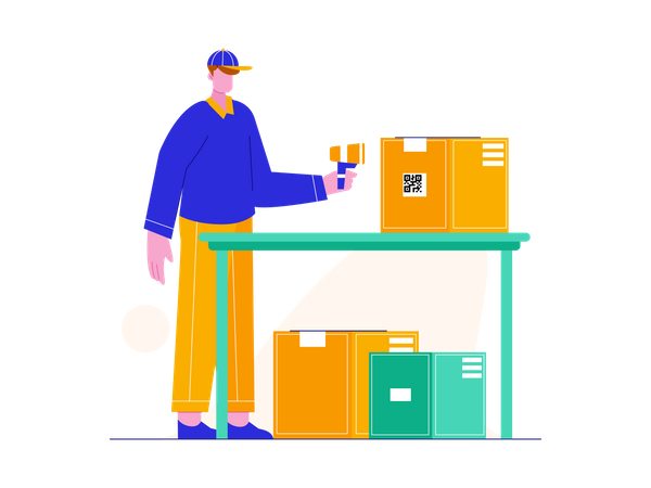Delivery guy scanning barcode of delivery box  Illustration