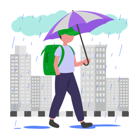 Delivery in Rain done by delivery man  Illustration