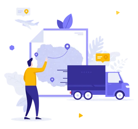 Person Drawing Route On Map And Truck Concept Of Business Logistics Service Cargo Shipment Transportation Or Delivery To Destination Point Modern Flat Vector Illustration For Banner Poster Illustration