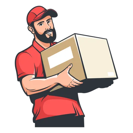 Delivery Man Bearded Courier In Cap With Box In Hand Mover With Carry Vintage Retro Vector Illustration Illustration