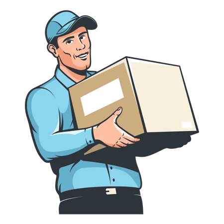 Delivery Man Courier In Cap With Box In Hand Mover With Carry Vintage Retro Vector Illustration Illustration