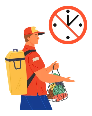 Delivery man carries groceries and deals with deadline  Illustration