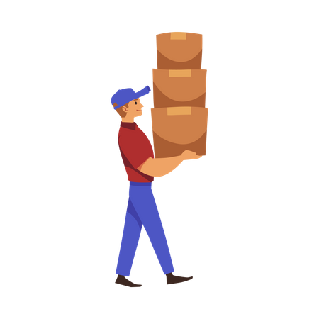 Delivery man carrying high stack of boxes  Illustration