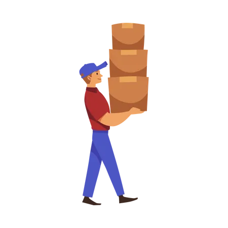 Delivery man carrying high stack of boxes Illustration