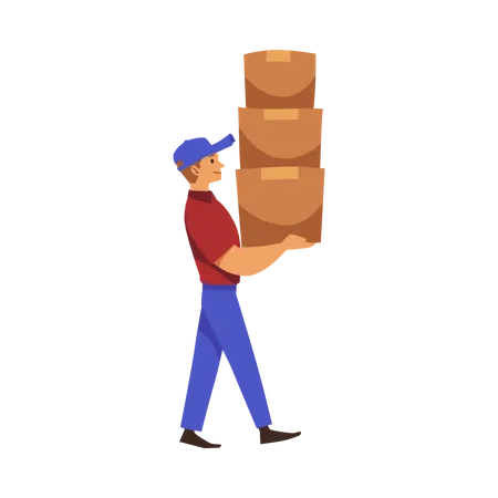 Delivery man carrying high stack of boxes  Illustration