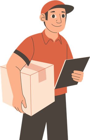 Delivery man carrying package with delivery list  Illustration