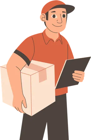 Delivery man carrying package with delivery list  Illustration