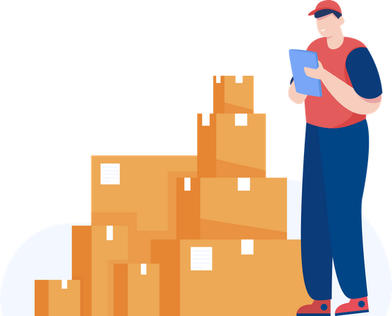 Delivery man checking cardboard boxes list Illustration