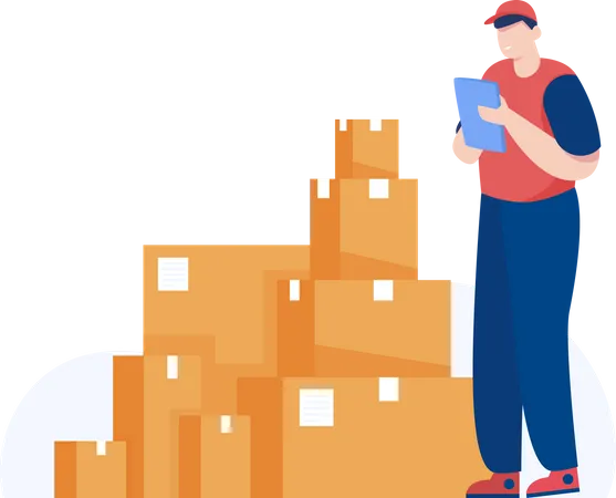 Warehouse Worker Checking Cardboard Boxes Illustration Illustration