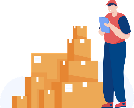 Delivery man checking cardboard boxes list  Illustration