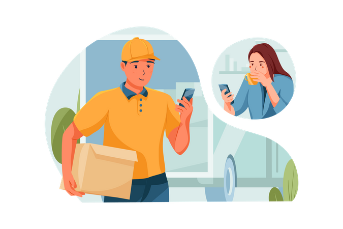 Delivery Man confirms the order with his customer  Illustration