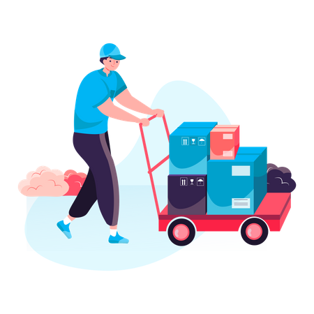 Delivery man deliver multi and heavy packages on the delivery cart  Illustration