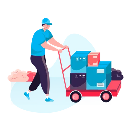 Delivery man deliver multi and heavy packages on the delivery cart  Illustration