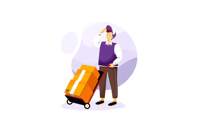 Delivery man deliver multi and heavy packages on the delivery cart Illustration