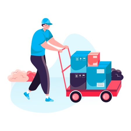 Delivery man deliver multi and heavy packages on the delivery cart Illustration