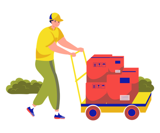 Delivery man deliver multi and heavy packages on the delivery cart  イラスト
