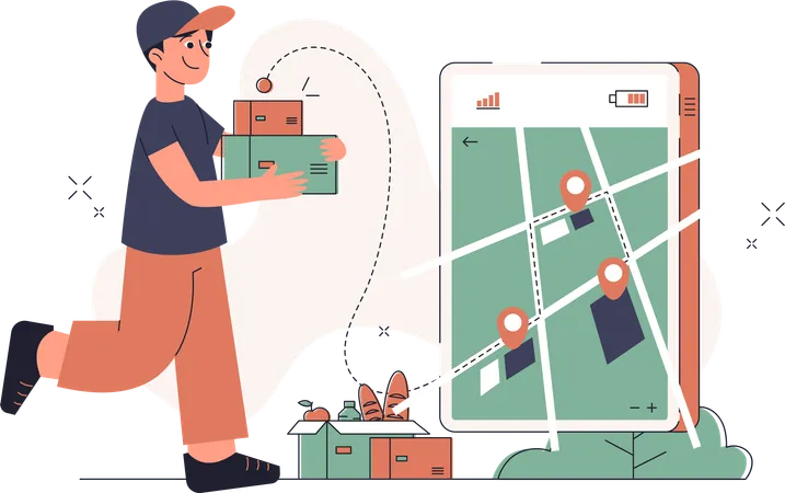 This Captivating Flat Illustration Couriers Deliver Packages Using Digital Maps Captures The Essence Of A Forward Looking And Innovative Tech Environment Showcasing The Dedication Creativity And Technological Prowess Of Those Who Are Shaping The Digital Future Illustration